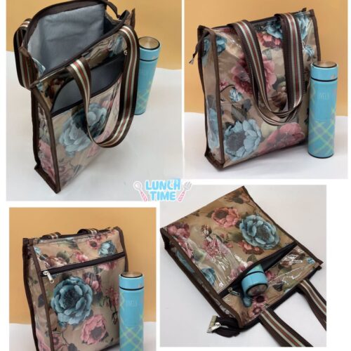 Fashionable Laminated Floral Print Tote Handbag Lunch Bag