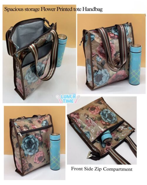 Fashionable Laminated Floral Print Tote Handbag Lunch Bag