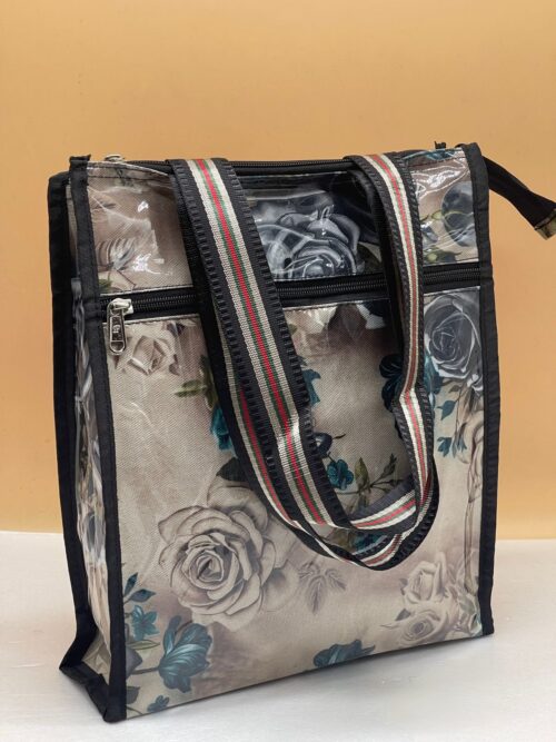 Fashionable Laminated Floral Print Tote Handbag Lunch Bag