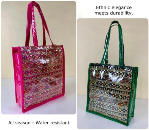 Stylish Ethnic Tote Bag in Banarasi Silk with Transparent Lamination