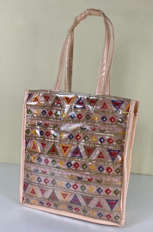 Stylish Ethnic Tote Bag in Banarasi Silk with Transparent Lamination