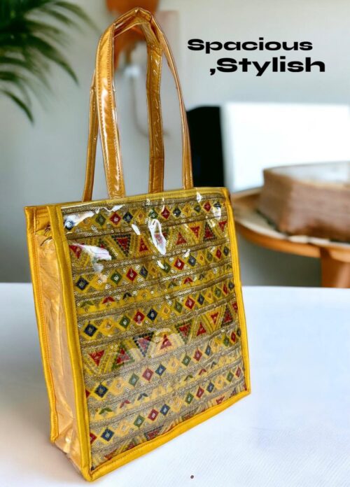 Stylish Ethnic Tote Bag in Banarasi Silk with Transparent Lamination