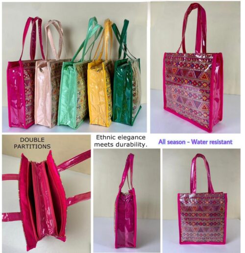 Stylish Ethnic Tote Bag in Banarasi Silk with Transparent Lamination