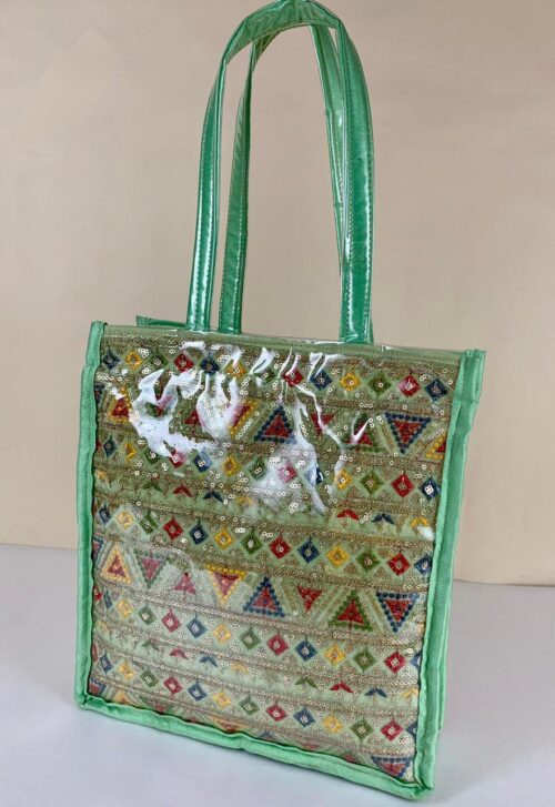 Stylish Ethnic Tote Bag in Banarasi Silk with Transparent Lamination