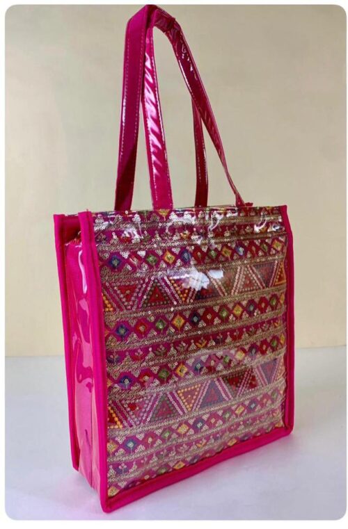 Stylish Ethnic Tote Bag in Banarasi Silk with Transparent Lamination