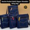 Denim Pocket Multi Zipper Shoulder Sling Bag