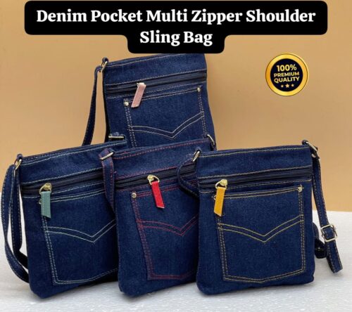 Denim Pocket Multi Zipper Shoulder Sling Bag