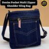Denim Pocket Multi Zipper Shoulder Sling Bag