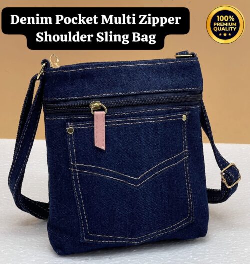 Denim Pocket Multi Zipper Shoulder Sling Bag