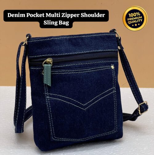 Denim Pocket Multi Zipper Shoulder Sling Bag