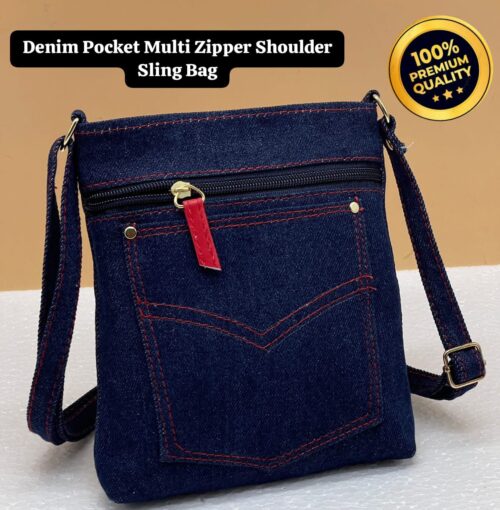 Denim Pocket Multi Zipper Shoulder Sling Bag