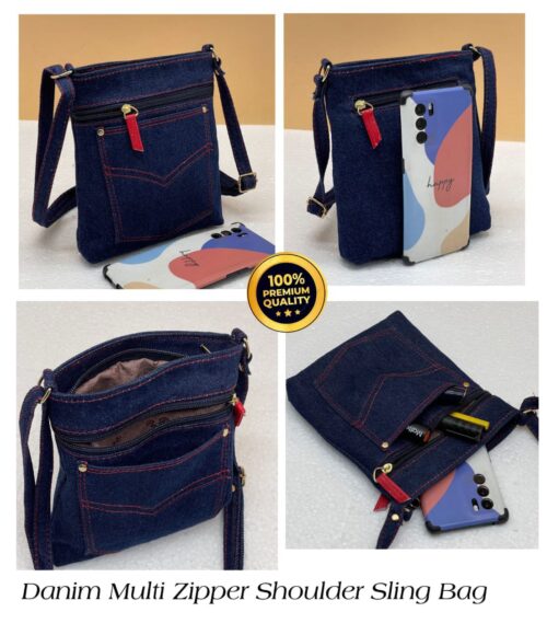 Denim Pocket Multi Zipper Shoulder Sling Bag