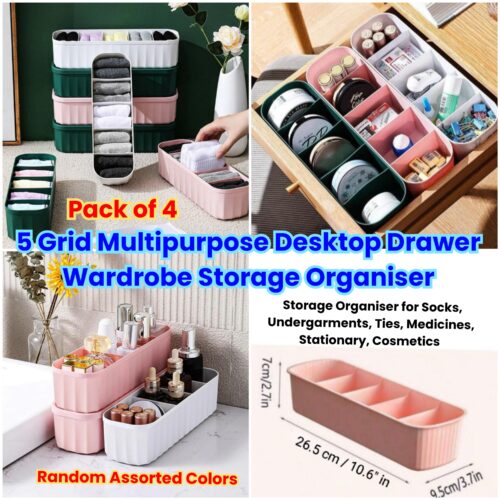 5 Grid Multipurpose Desktop Drawer Wardrobe Storage Organiser for Socks, Undergarments, Ties, Medicines, Stationary, Cosmetics - Pack of 4
