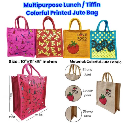 Multipurpose Lunch / Tiffin Colorful Printed Jute Bag