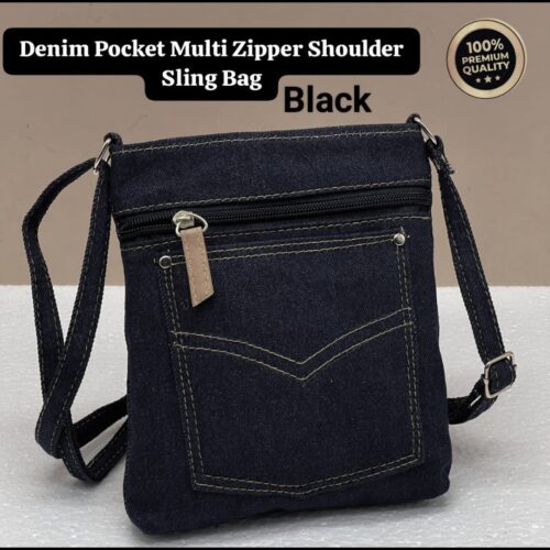 Denim Pocket Multi Zipper Shoulder Sling Bag