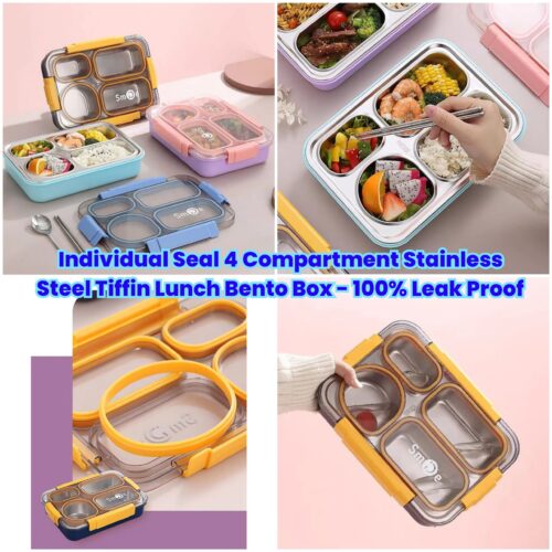 Individual Seal 4 Compartment Stainless Steel Tiffin Lunch Bento Box - 100% Leak Proof