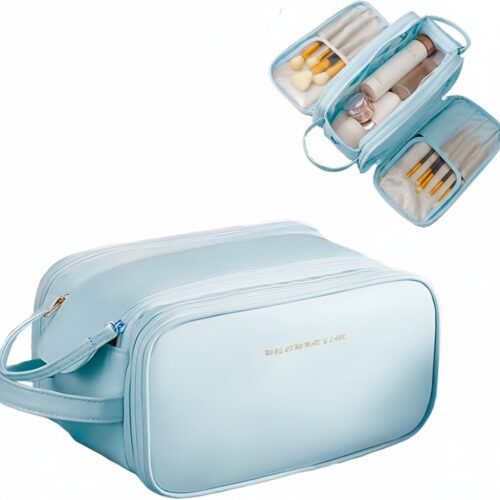 Luxurious Three Compartment Double Zipper U-Shaped Design Cosmetic Bag Pouch
