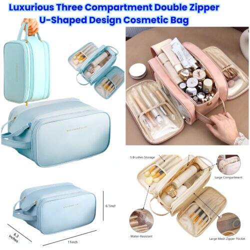Luxurious Three Compartment Double Zipper U-Shaped Design Cosmetic Bag Pouch