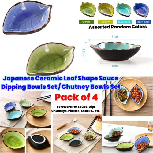 Japanese Ceramic Leaf Shape Sauce Dipping Bowls Set / Chutney Bowls Set - Pack of 4