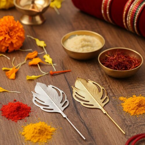 Peacock Feather Metal Tilak Stick for Pooja Thali - Pack of 2