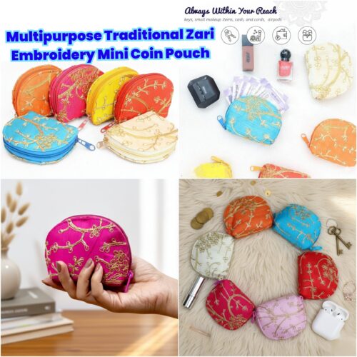 Multipurpose Traditional Zari Embroidery Mini Coin Pouch - Pack of 6