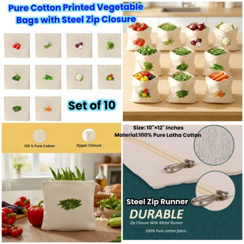 Pure Cotton Printed Vegetable Bags with Steel Zip Closure  - Set of 10 Bags  - (Heavy Thick Quality Fabric)