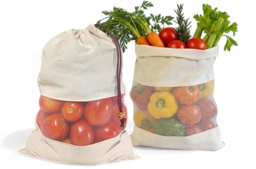 Pure Cotton Vegetable Bags with Mesh Window & Drawstring Closure – Set of 4