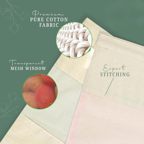 Pure Cotton Vegetable Bags with Mesh Window & Drawstring Closure – Set of 4