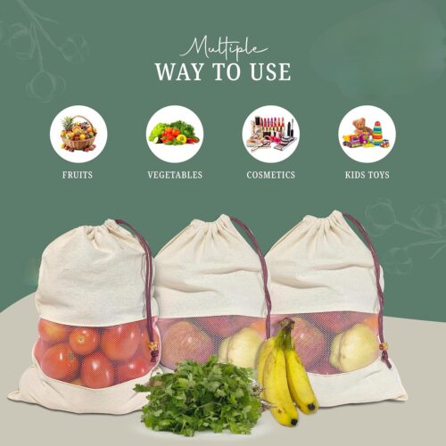Pure Cotton Vegetable Bags with Mesh Window & Drawstring Closure – Set of 4