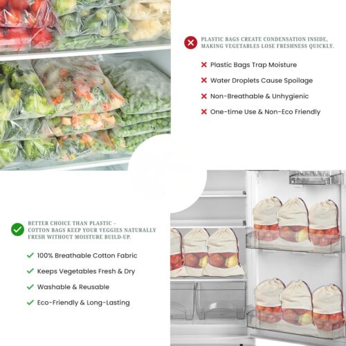 Pure Cotton Vegetable Bags with Mesh Window & Drawstring Closure – Set of 4