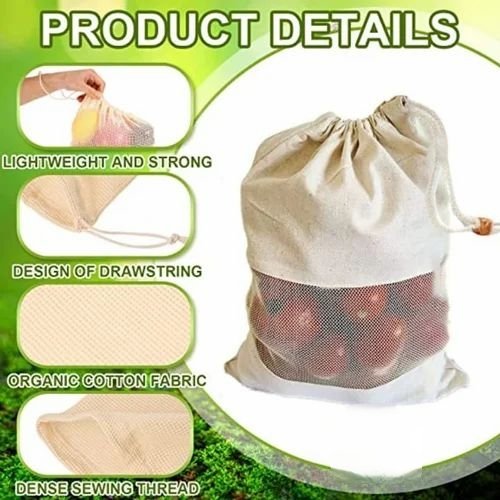 Pure Cotton Vegetable Bags with Mesh Window & Drawstring Closure – Set of 4