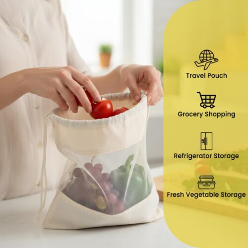 Pure Cotton Vegetable Bags with Mesh Window & Drawstring Closure – Set of 4