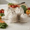 Pure Cotton Vegetable Bags with Mesh Window & Drawstring Closure – Set of 4