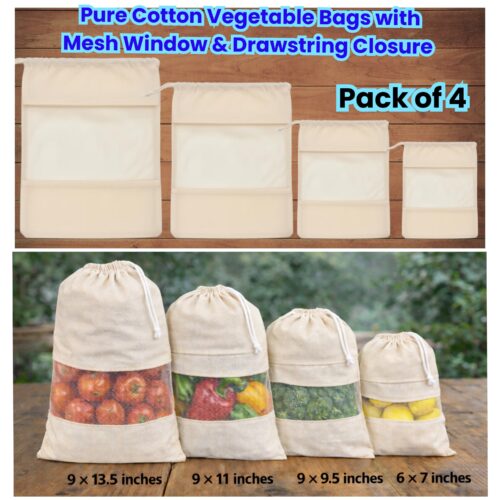Pure Cotton Vegetable Bags with Mesh Window & Drawstring Closure – Set of 4