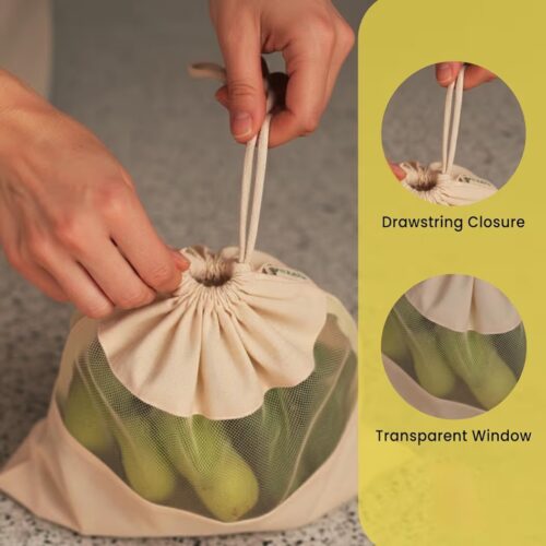 Pure Cotton Vegetable Bags with Mesh Window & Drawstring Closure – Set of 4