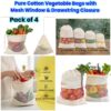 Pure Cotton Vegetable Bags with Mesh Window & Drawstring Closure – Set of 4