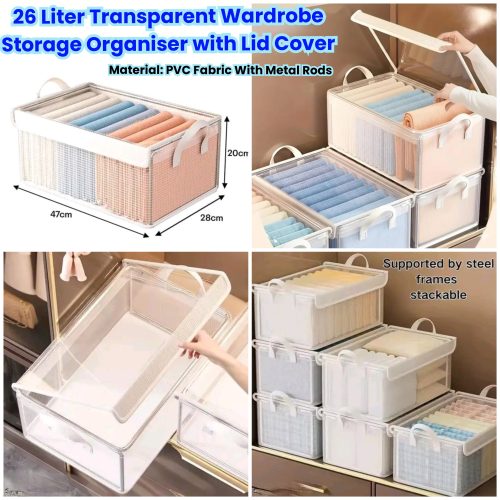 26 Liter Transparent Wardrobe Storage Organizer with Lid Cover
