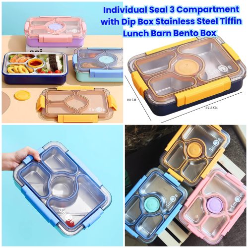 Individual Seal 3 Compartment with Dip Box Stainless Steel Tiffin Lunch Barn Bento Box - 100% Leak Proof