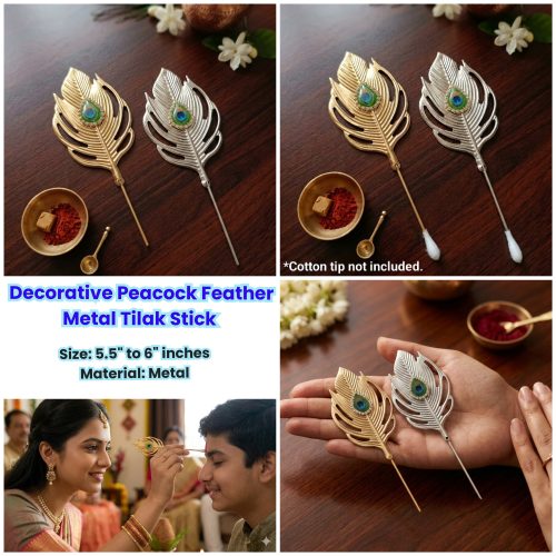 Decorative Peacock Feather Metal Tilak Stick for Pooja Thali - Pack of 2