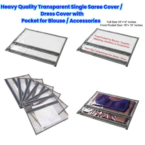 Heavy Quality Transparent Single Saree Cover / Dress Cover with Pocket for Blouse / Accessories