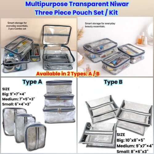 Multipurpose Transparent Niwar Three Piece Pouch Set / Kit – Set of 3 Pouches