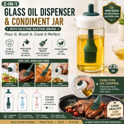 2 in 1 Glass Oil Dispenser & Condiments Jar with Silicone Basting Brush