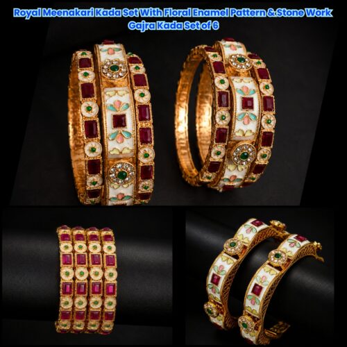 Alternative view of Royal Meenakari Kada Set with Floral Enamel Pattern & Stone Work / Gajra Kada - Set of 6