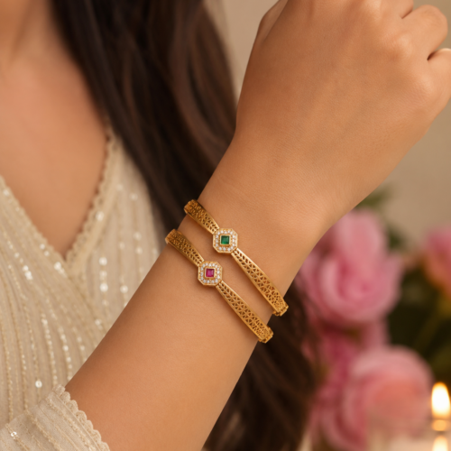 Alternative view of Elegant Cutwork Gemstone Studded Gold Finish Bangles - Set of 2