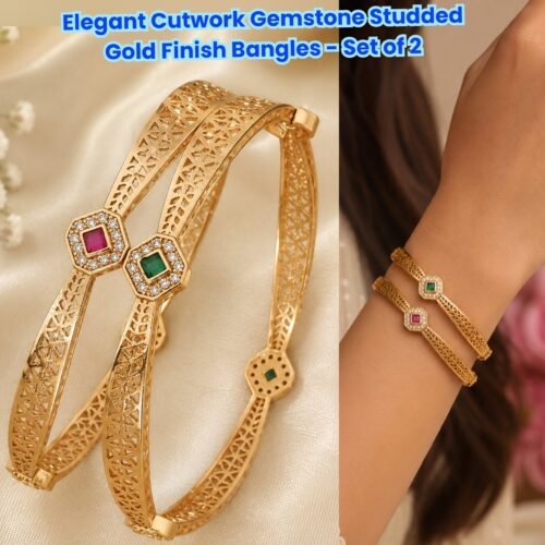 Elegant Cutwork Gemstone Studded Gold Finish Bangles - Set of 2