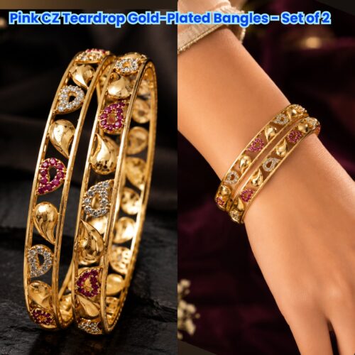 Alternative view of Pink CZ Teardrop Gold-Plated Bangles - Set of 2