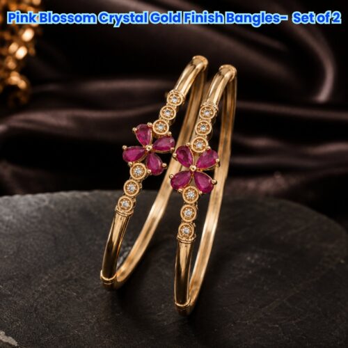 Pink Blossom Crystal Gold Finish Bangles-  Set of 2