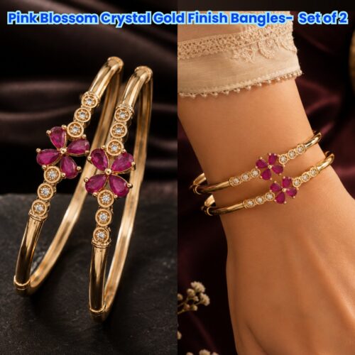 Alternative view of Pink Blossom Crystal Gold Finish Bangles-  Set of 2