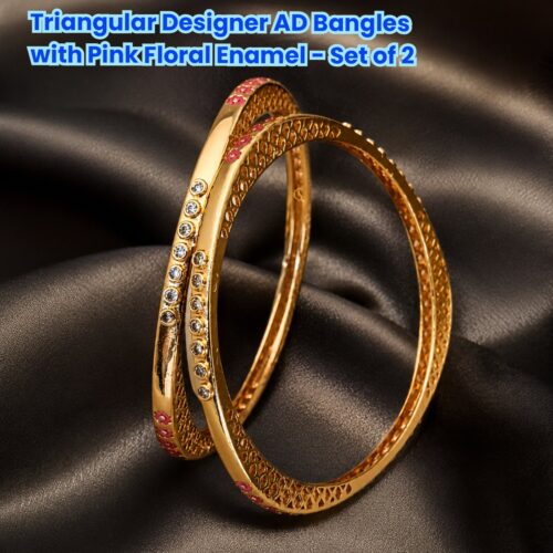 Triangular Designer AD Bangles with Pink Floral Enamel - Set of 2
