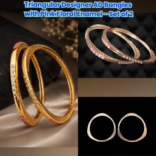 Alternative view of Triangular Designer AD Bangles with Pink Floral Enamel - Set of 2